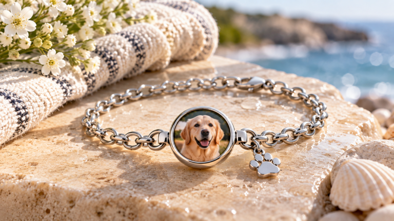 Are photo bracelets waterproof? Silver photo bracelet with a pet photo charm resting on wet stone near the sea, with visible water droplets.