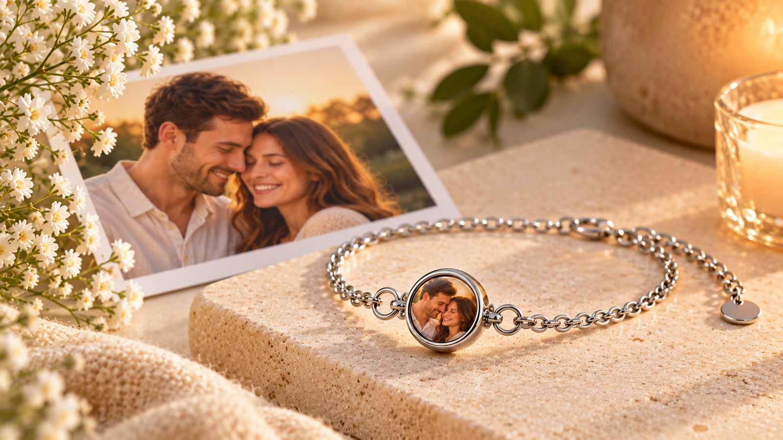 Silver photo bracelet displaying a clear couple portrait beside the original photograph