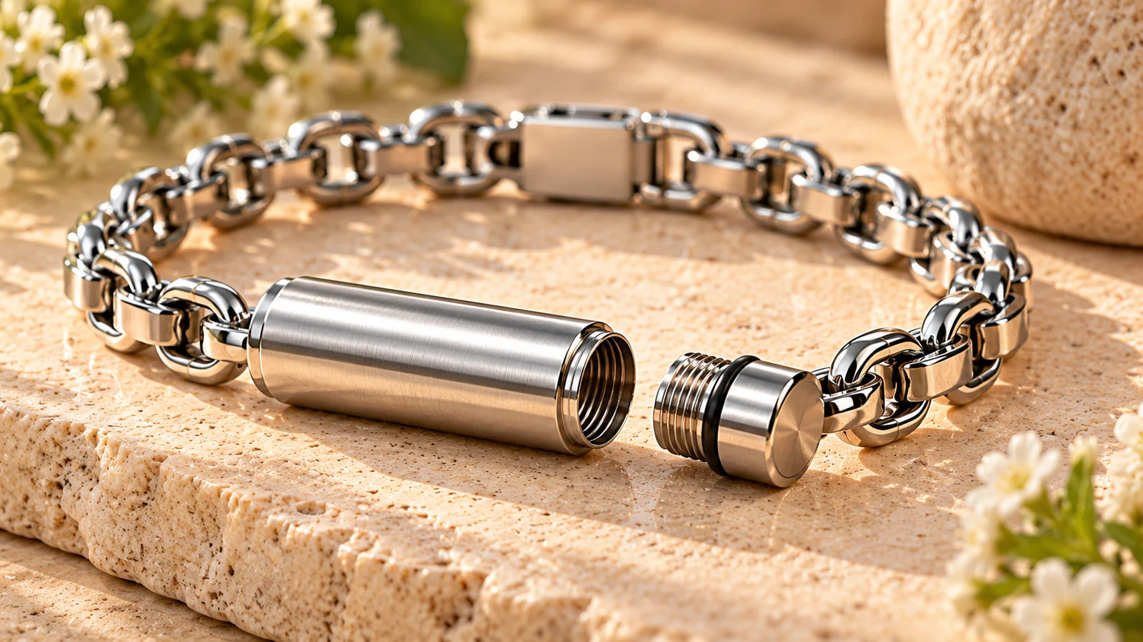Close-up of a cremation bracelet showing the threaded compartment, secure closure and chain connection