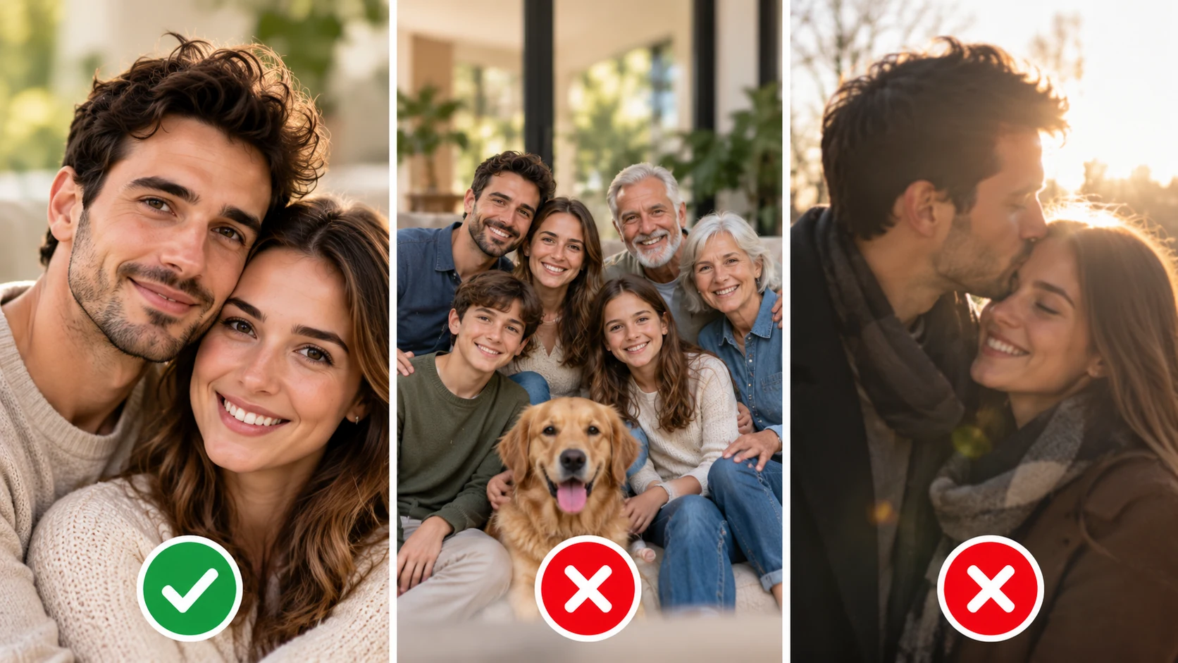 Comparison of a close couple photo, a large group photo and a backlit couple photo for choosing a photo bracelet image
