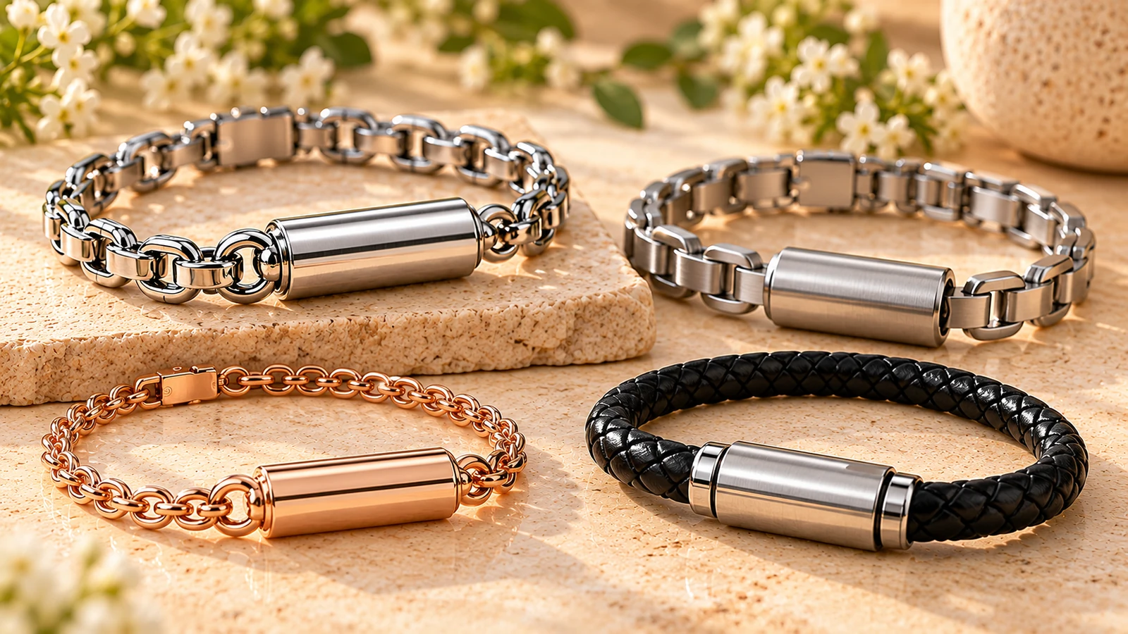 Cremation bracelet materials including polished and brushed metal, rose-gold tone and braided leather
