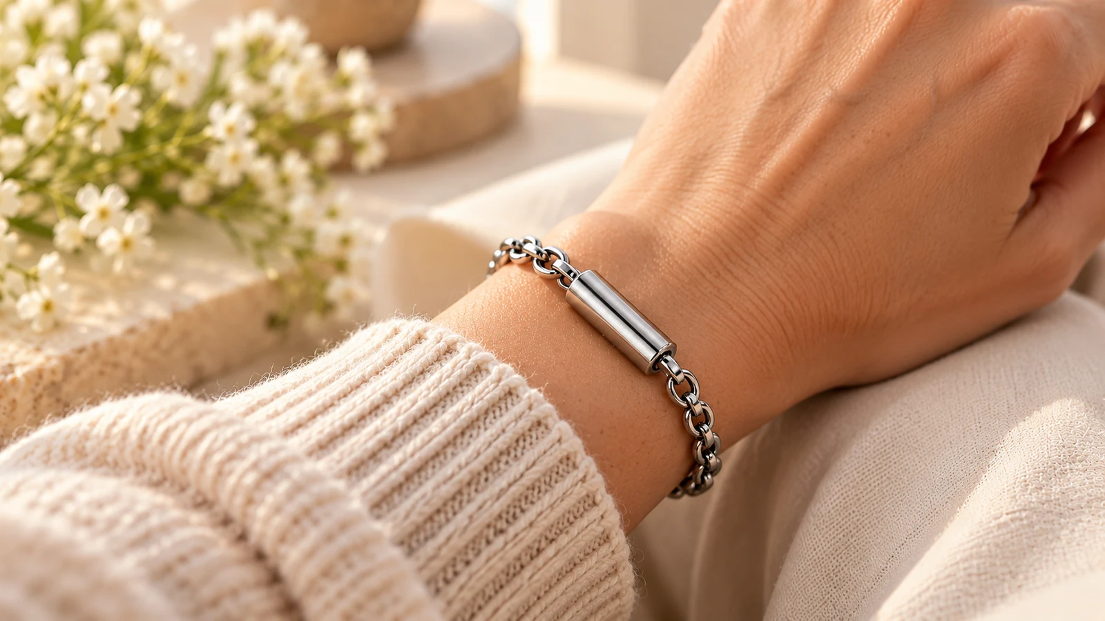 Adult wrist wearing a discreet silver cremation keepsake bracelet with a neutral knitted sleeve