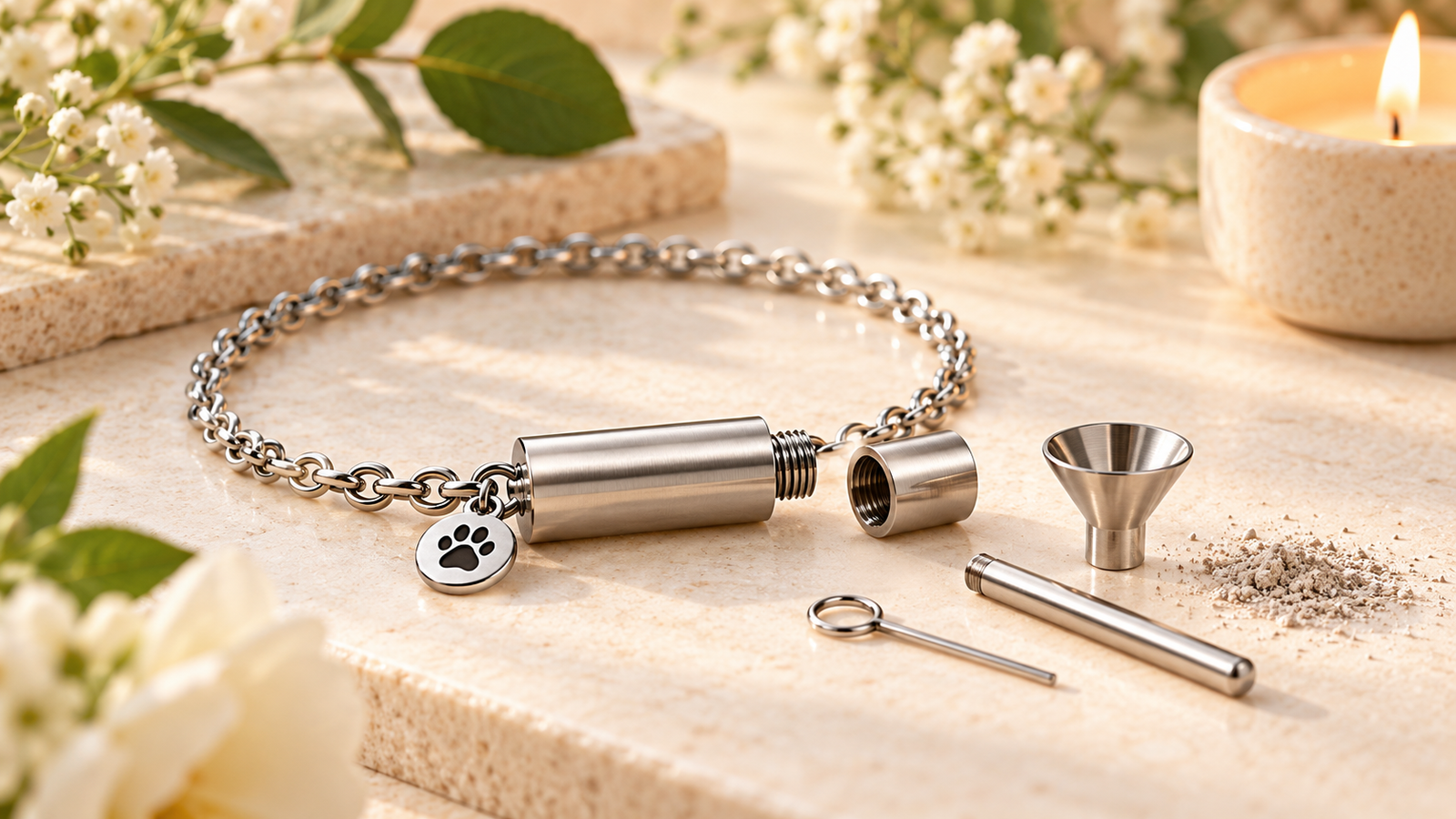 Open silver cremation bracelet with threaded keepsake compartment, cap and small filling tools on a warm cream surface