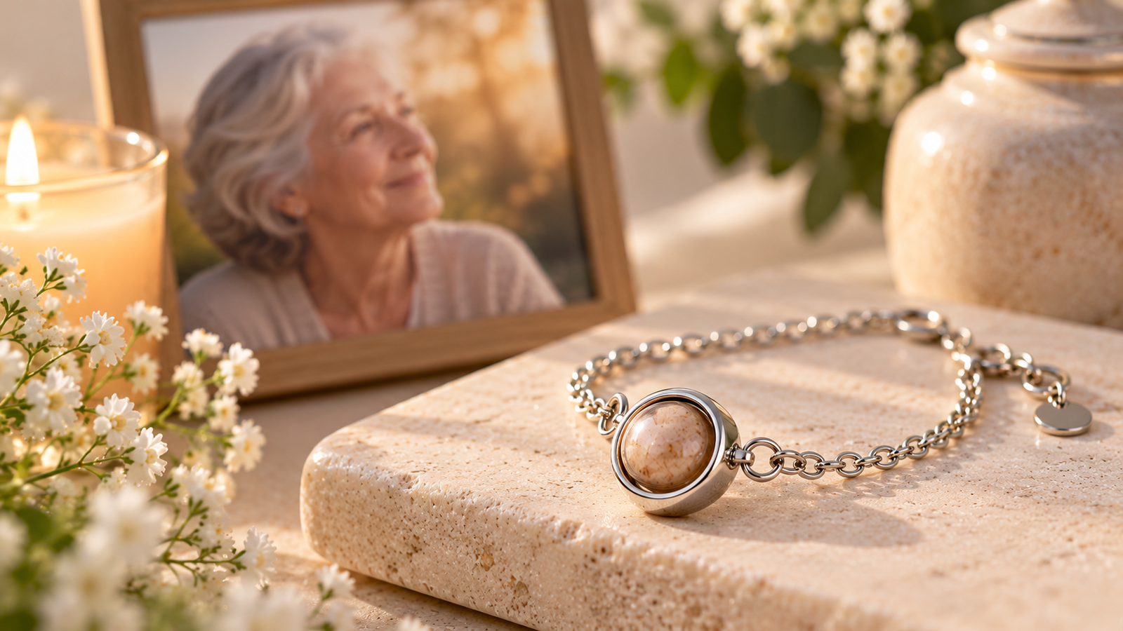 Silver cremation keepsake bracelet beside a remembrance portrait, flowers and candle