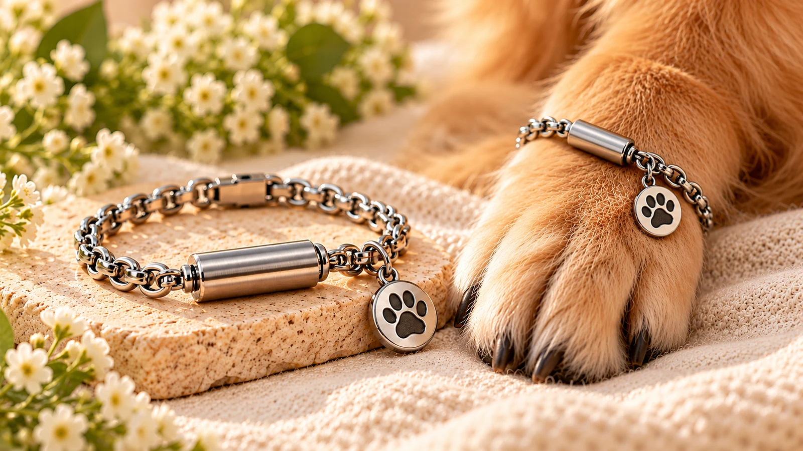 Pet memorial bracelet with paw-inspired keepsake charm beside a dog's paw
