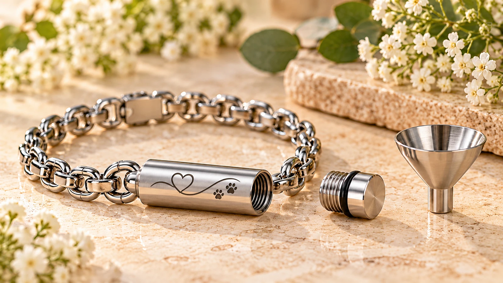 Open stainless-steel cremation bracelet showing the threaded keepsake compartment, screw cap and filling funnel