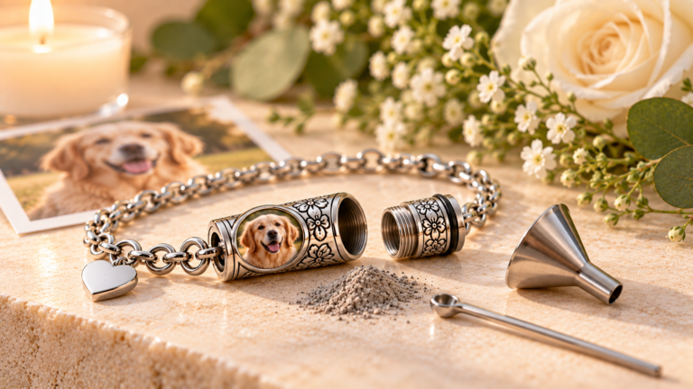 How do cremation bracelets work? Open silver cremation bracelet showing its threaded keepsake compartment, screw cap, filling funnel, and a symbolic amount of ashes.