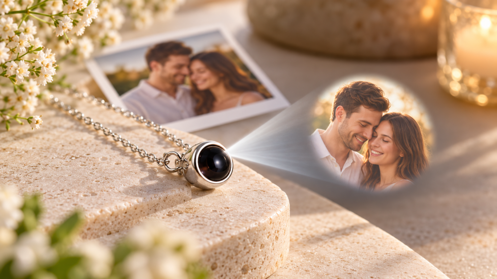 Silver photo projection bracelet illustrating how a hidden picture can be viewed through the optical charm