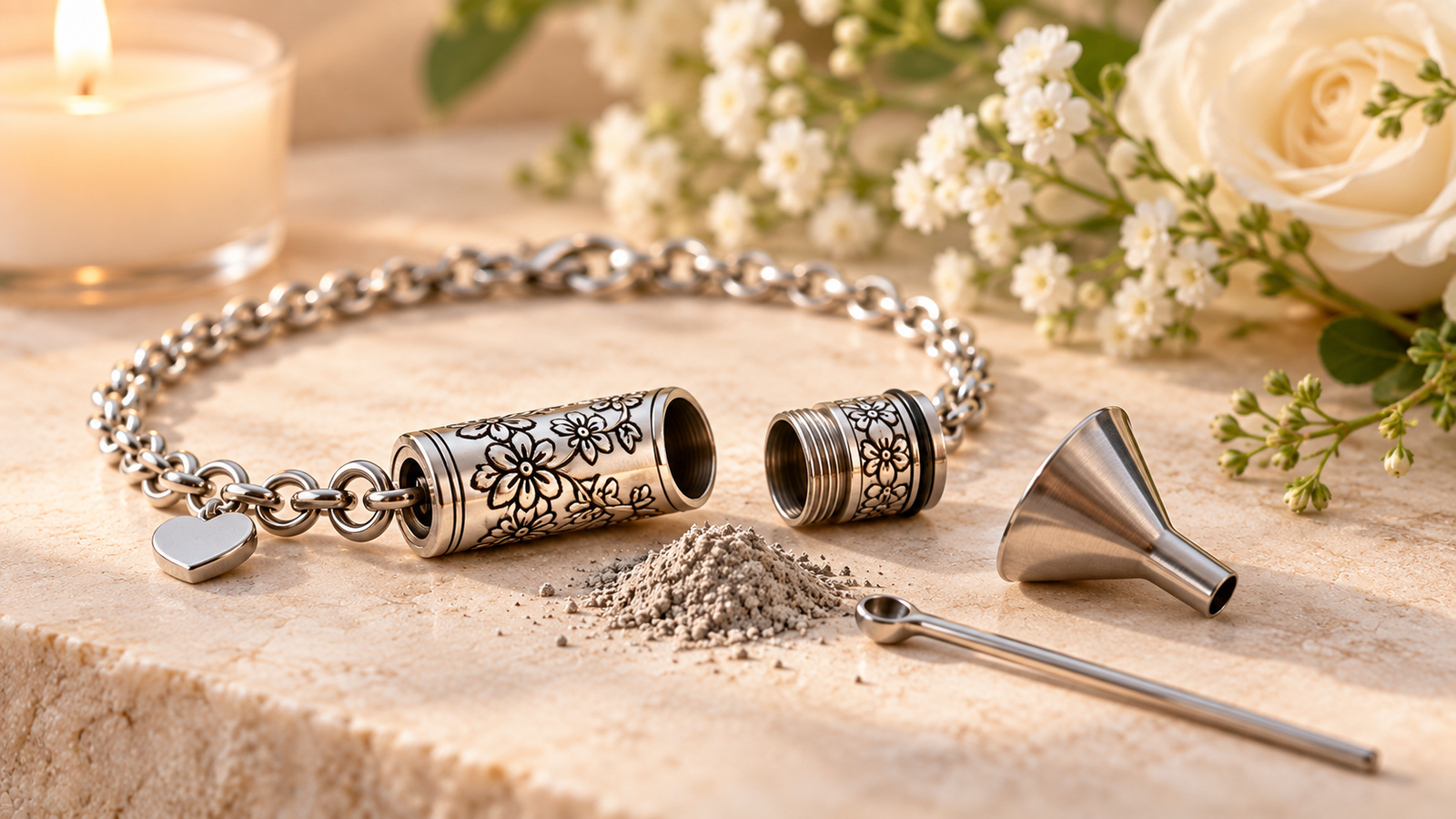 Open silver cremation bracelet with a small funnel and filling tool beside a symbolic amount of ashes