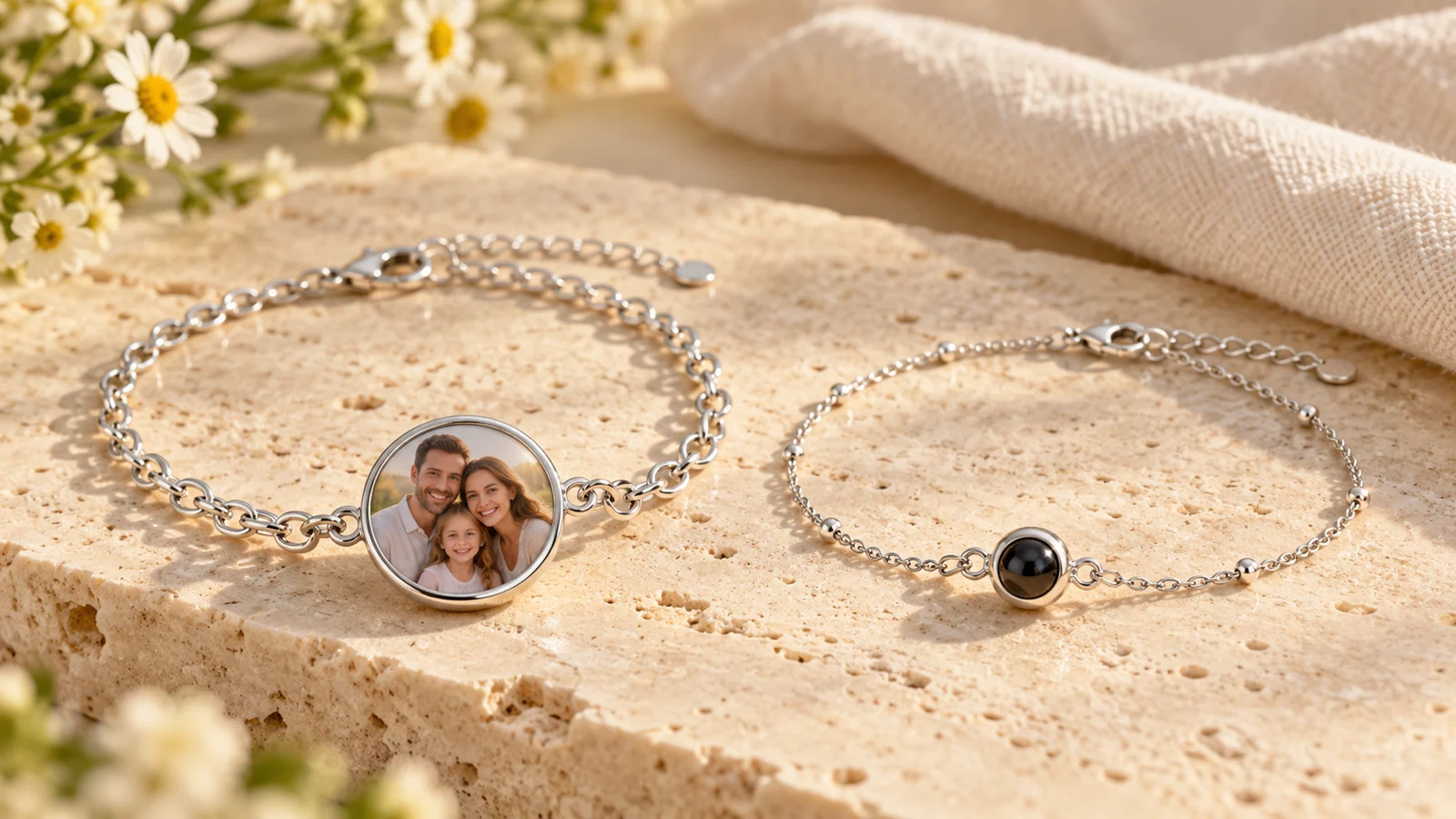 Visible family photo charm bracelet beside a smaller optical viewing bracelet