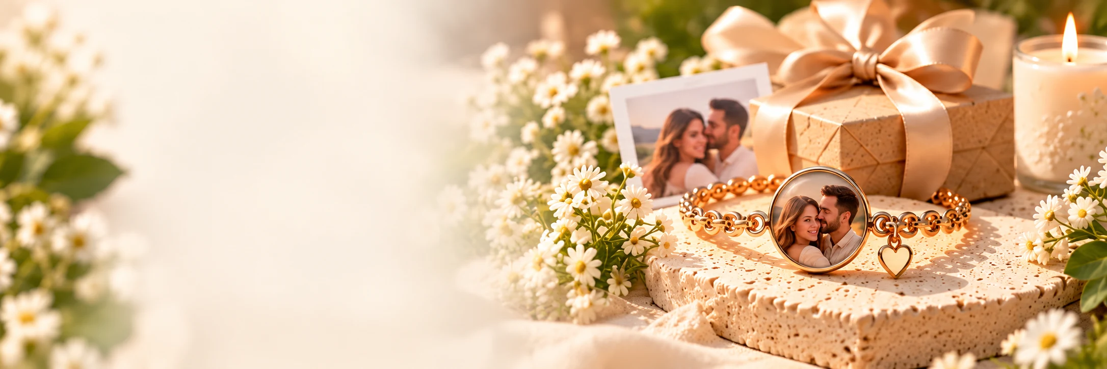 Gold photo keepsake bracelet beside a ribbon gift box, a couple photograph and white flowers.