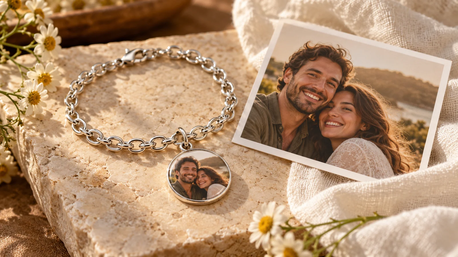 Silver photo bracelet featuring a smiling couple beside their printed photograph