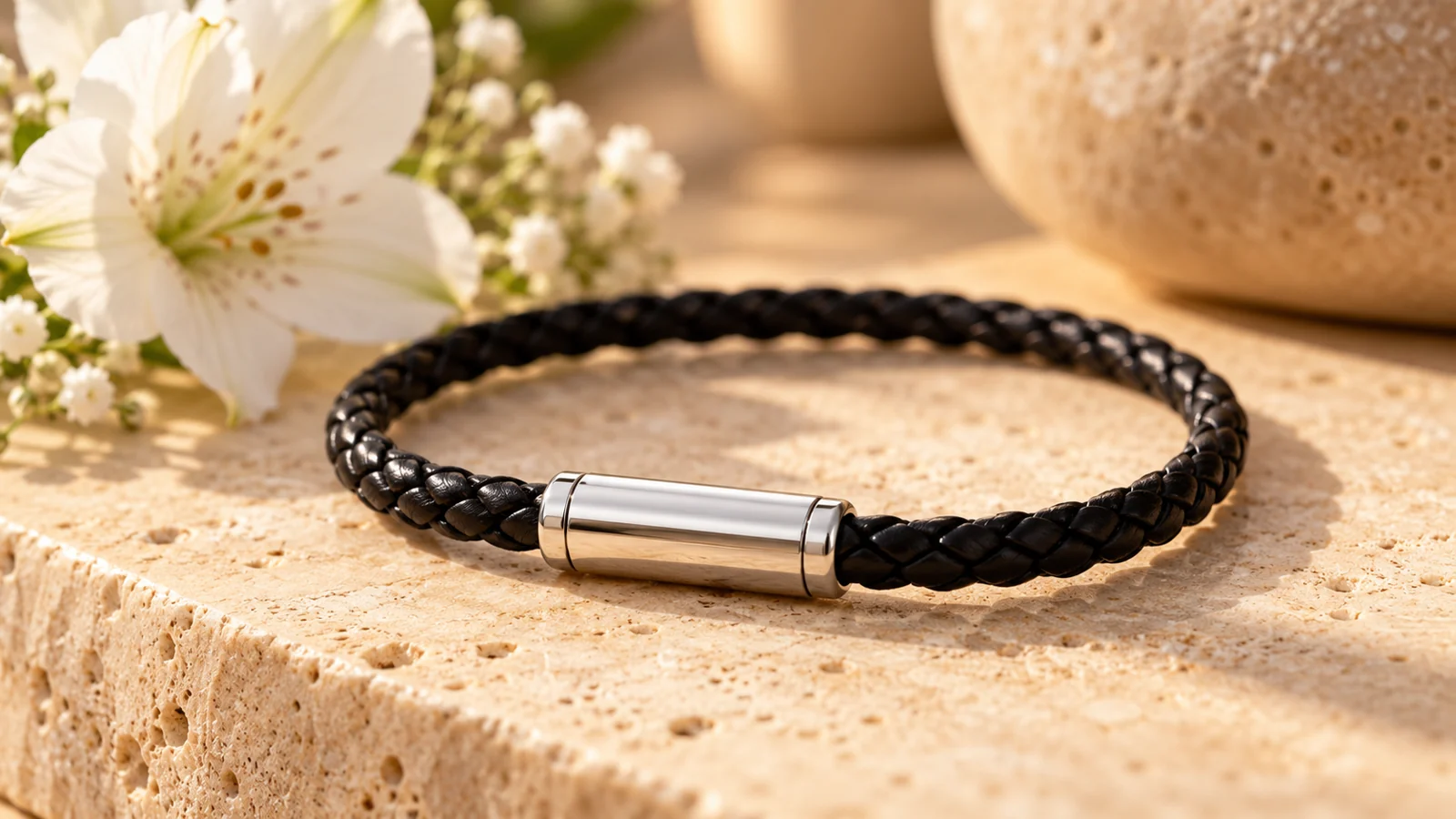 Black braided bracelet with a closed silver cylindrical keepsake element