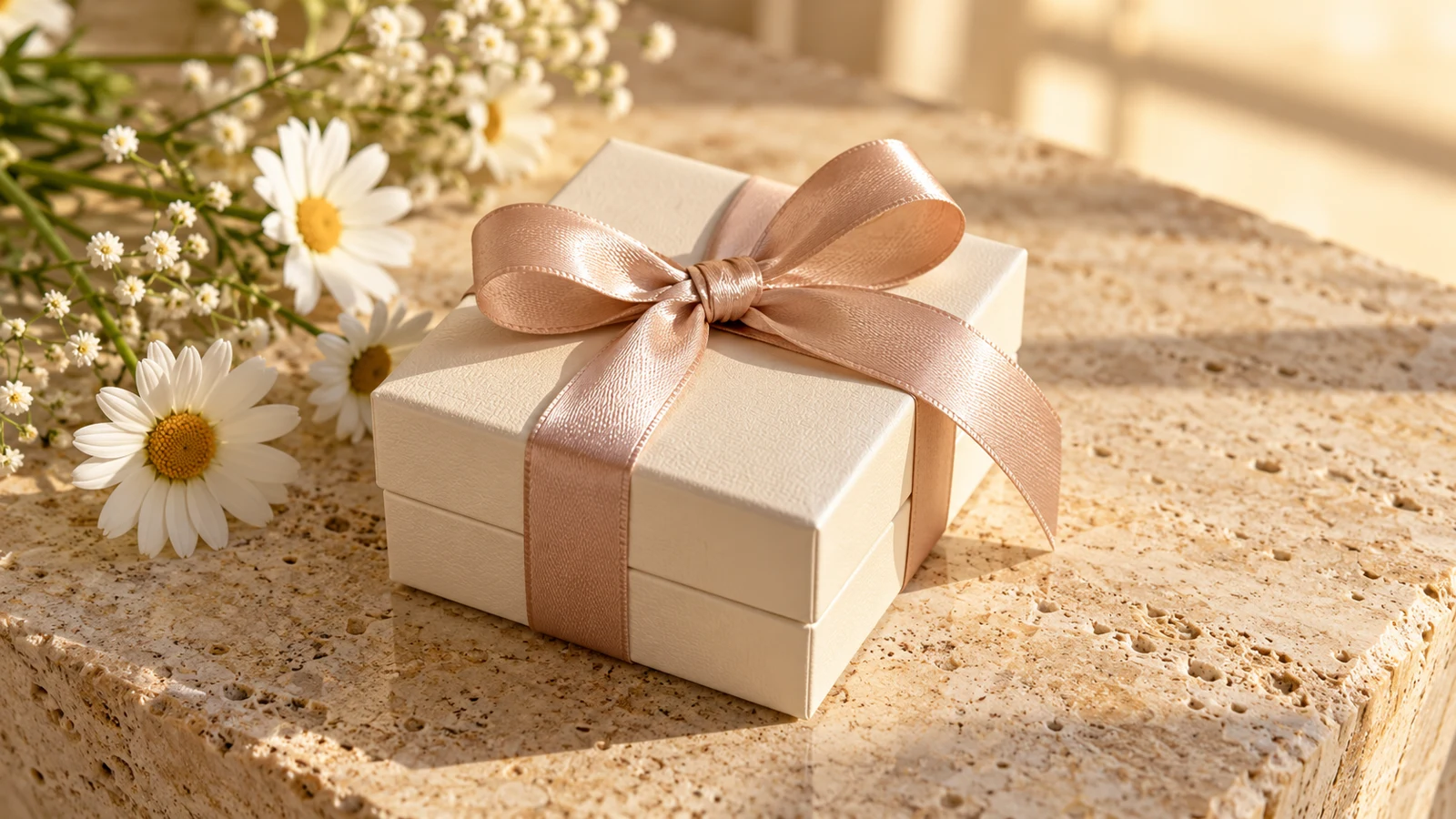 Ivory keepsake gift box with a blush ribbon and daisies