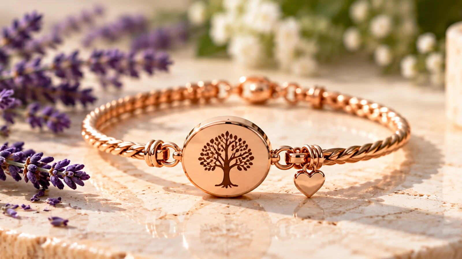 Rose gold symbolic memorial bracelet on cream stone