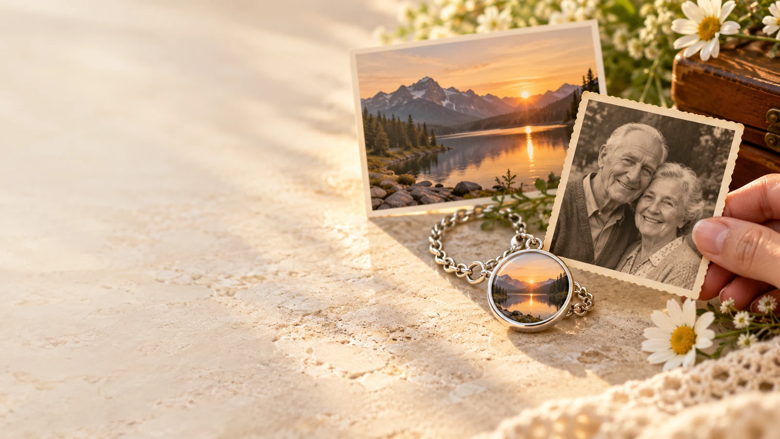 Older couple portrait beside a mountain lake photo bracelet