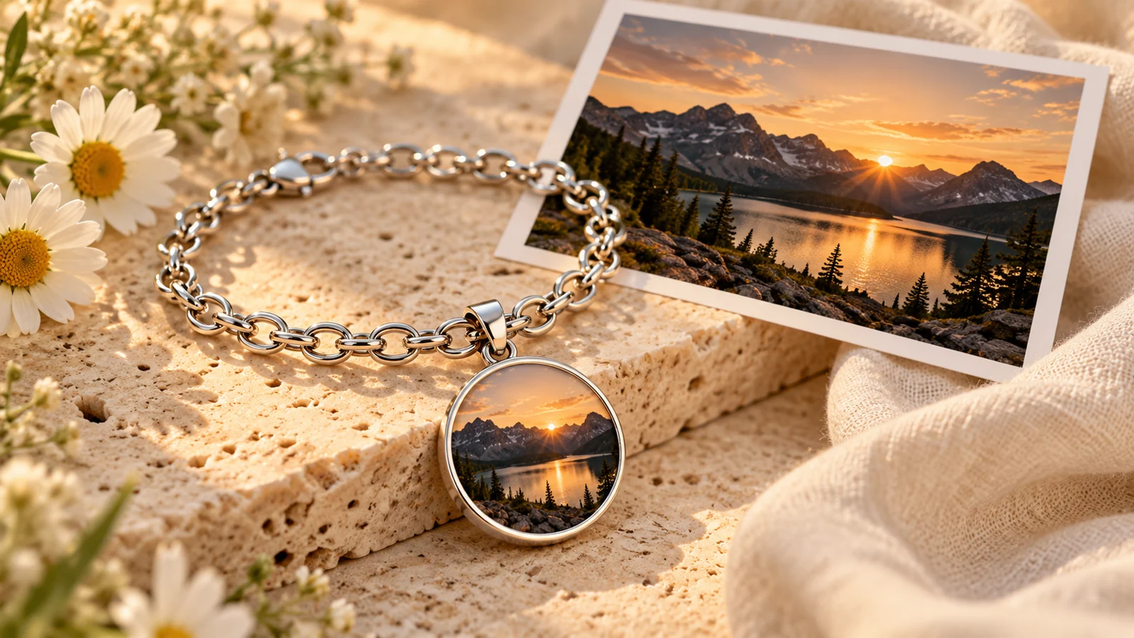 Photo charm bracelet with a mountain lake image beside a matching landscape photograph
