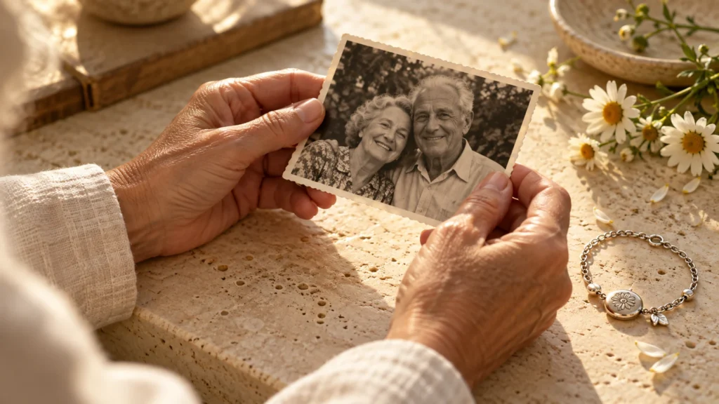 Hands holding a vintage portrait of an older couple beside a silver keepsake bracelet