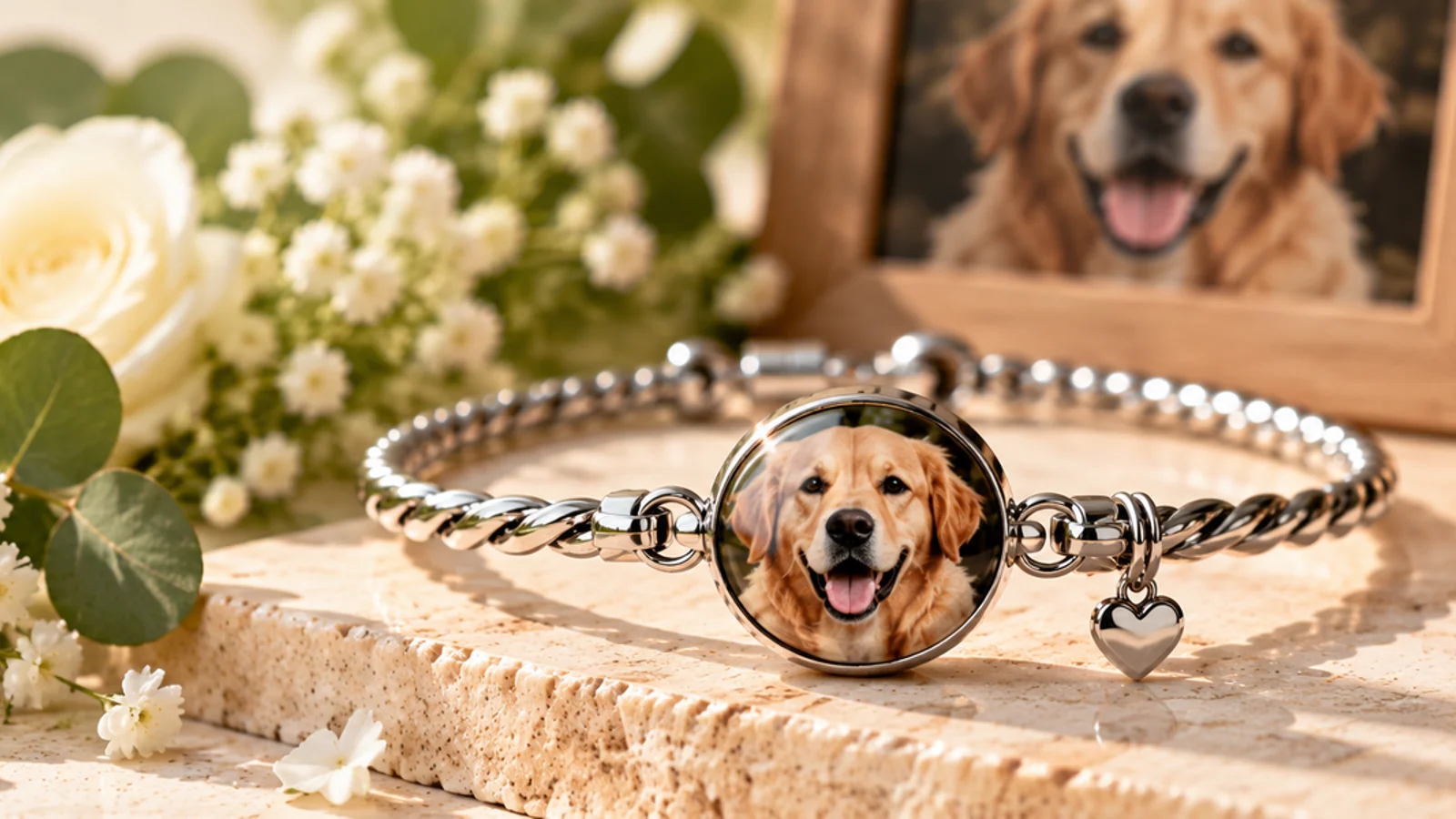 Dog photo charm bracelet beside a framed photograph of a golden retriever
