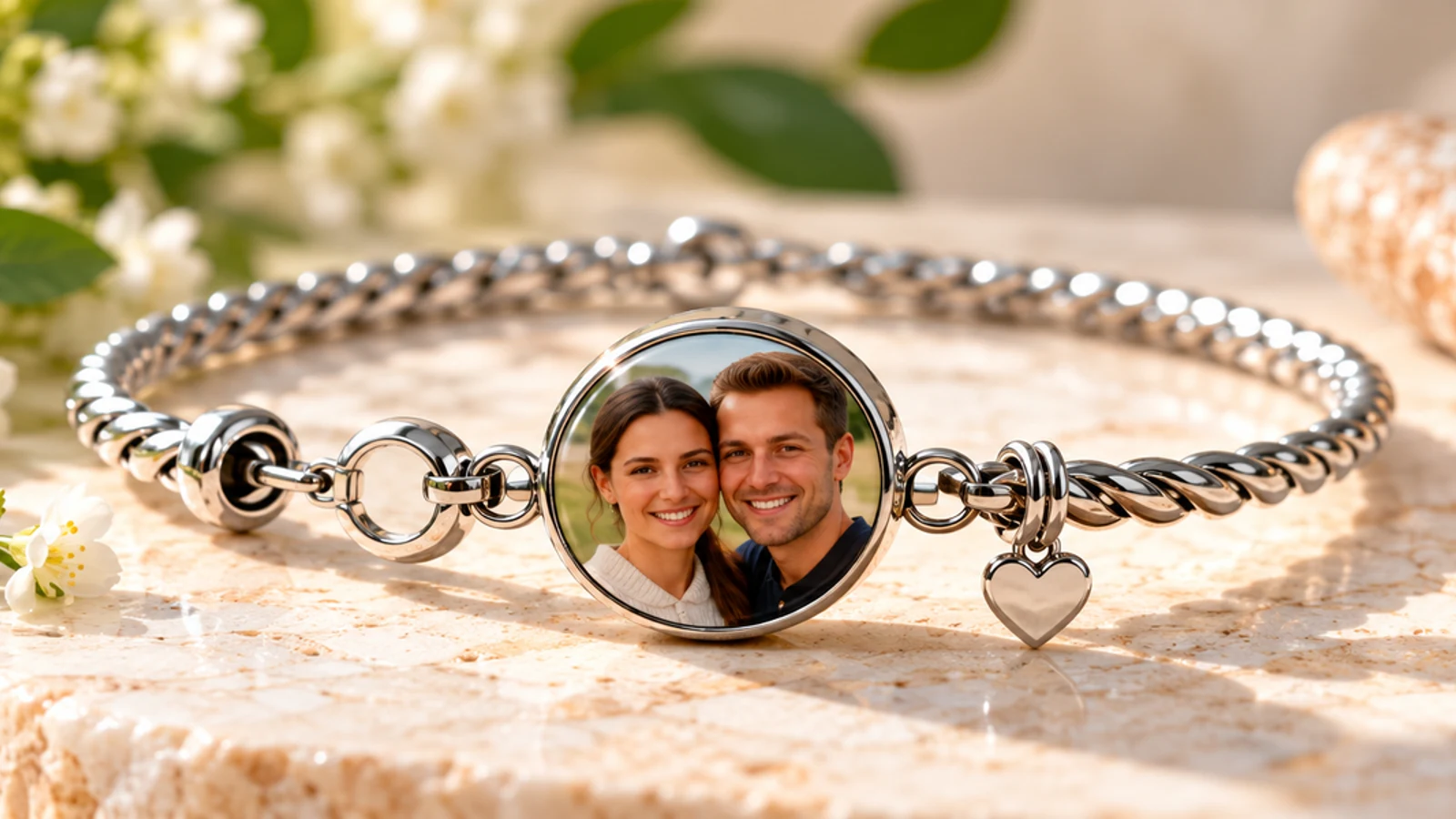 Photo charm bracelet with a couple portrait