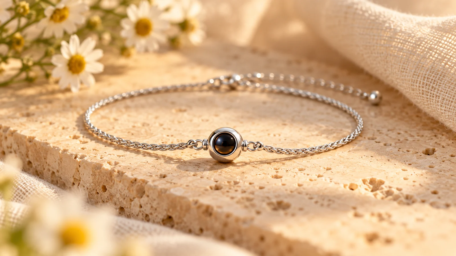 Silver bracelet with a small dark optical viewing element on cream stone