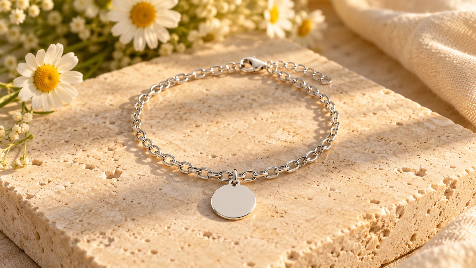 Silver keepsake bracelet with a plain round charm on warm stone