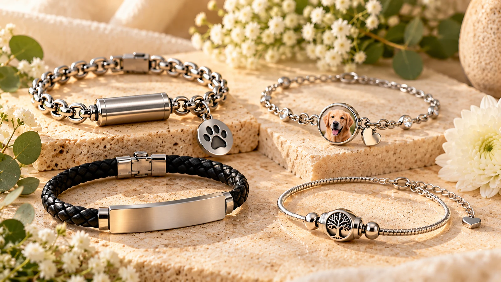 Collection of cremation, photo charm, engraved and symbolic memorial bracelet options