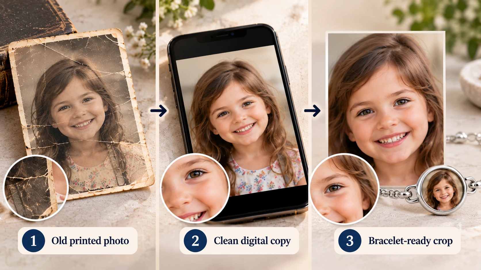 Three-step example showing an old printed photo, a clean digital copy and a bracelet-ready crop