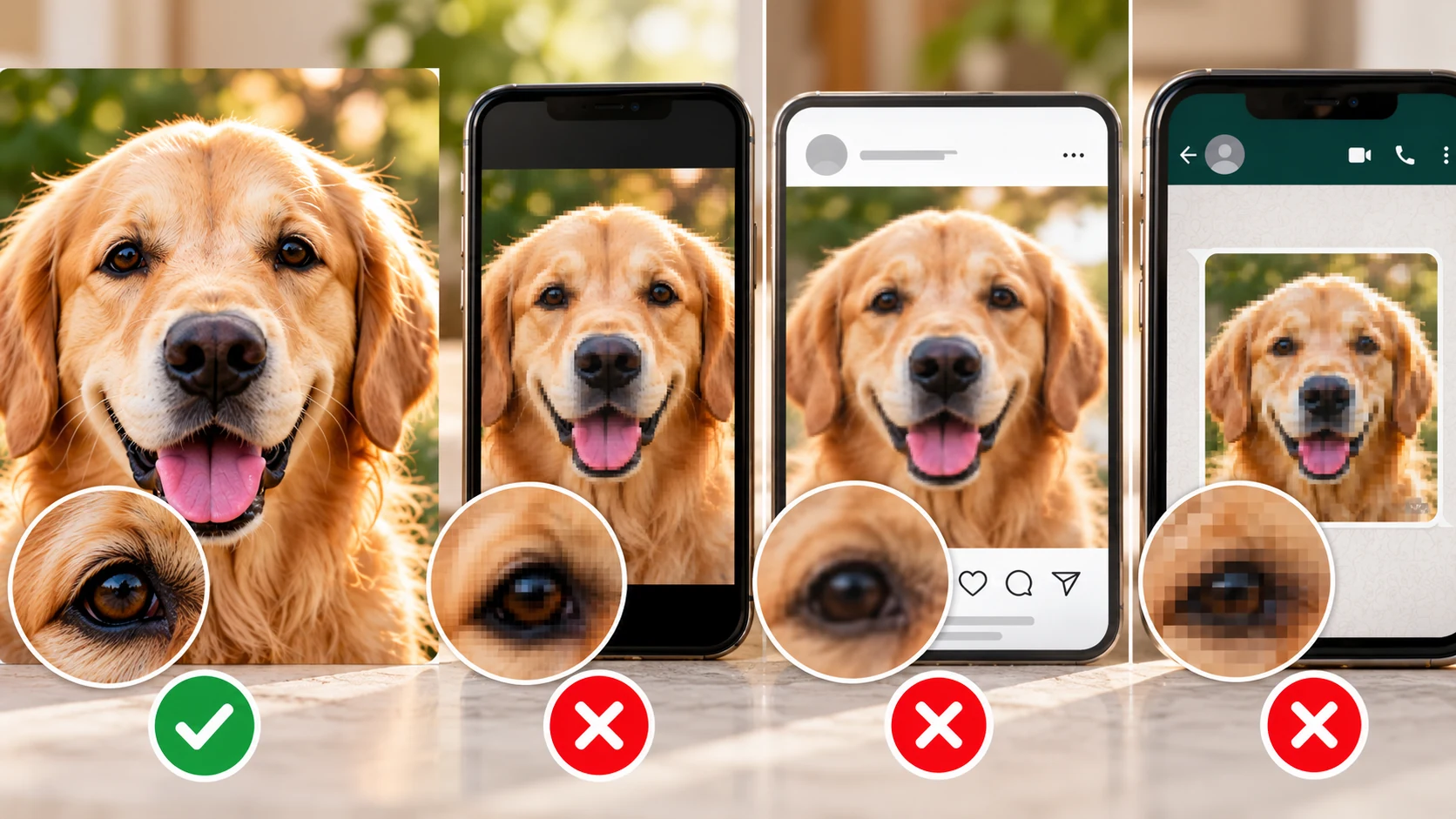 Original dog photo compared with screenshot, social media and messaging copies that lose detail through compression