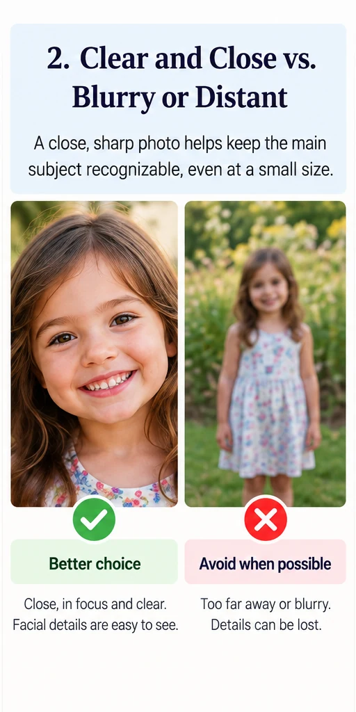Comparison showing a clear close subject versus a blurry or distant subject for a photo bracelet