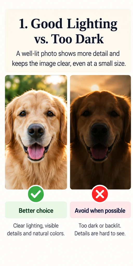 Comparison showing a well-lit photo versus a photo that is too dark for a photo bracelet