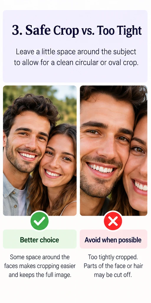 Comparison showing safe cropping space versus a crop that is too tight for a photo bracelet