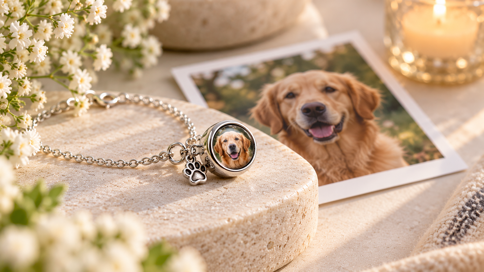 Silver photo charm bracelet with a visible pet photograph in a round keepsake charm