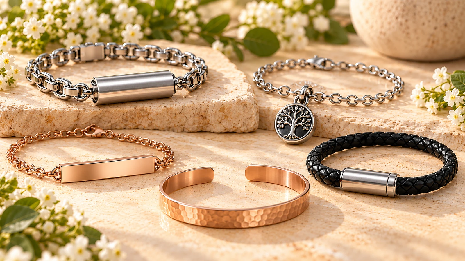 Five cremation bracelet styles including urn, charm, personalized bar, cuff and braided leather designs