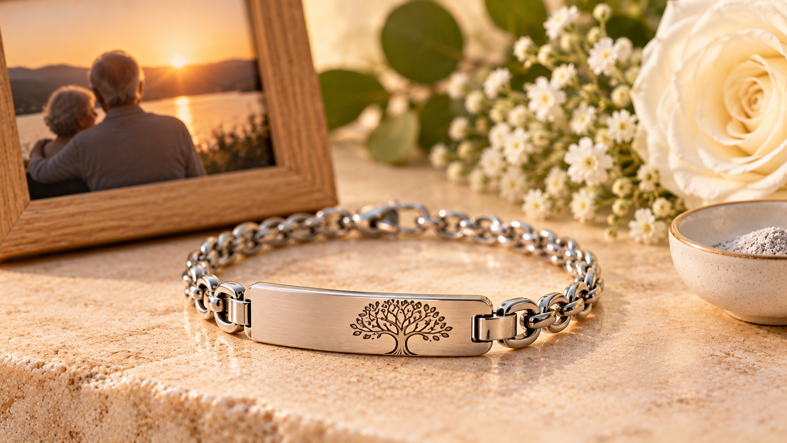 Silver memorial bracelet with an engraved tree of life beside a framed remembrance photograph and white flowers